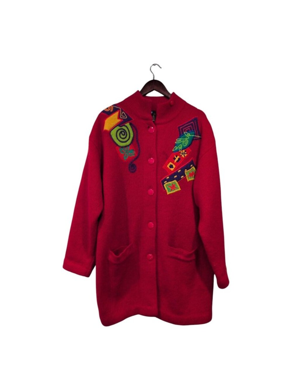 Vintage I.B. Diffusion Cardigan Sweater Jacket Red Knit Art To Wear Wool Blend L